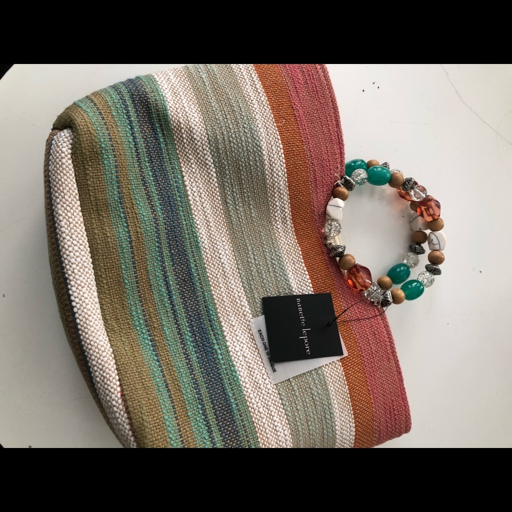 NWT Nannette Lepore multi striped woven tote with jewel handle - Picture 3 of 4